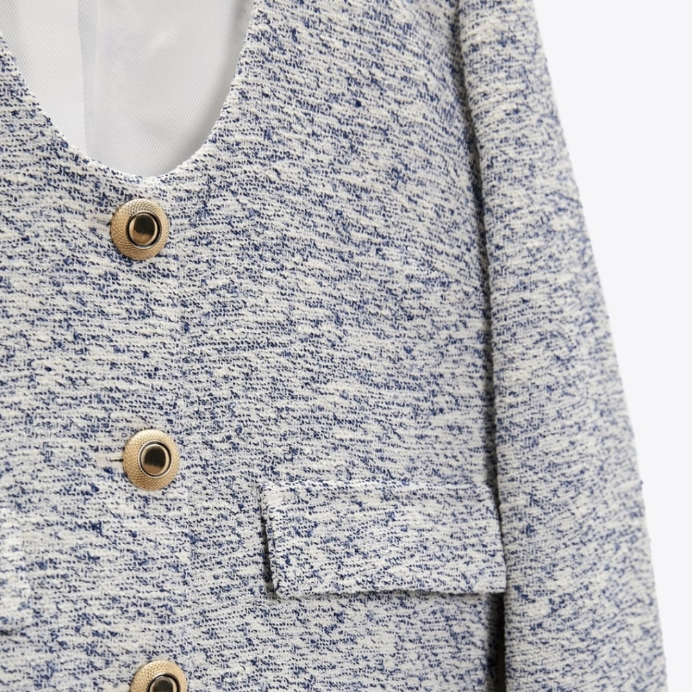 Gold Button Textured Blazer Ecru Blue Zara XS - Picture 5 of 8